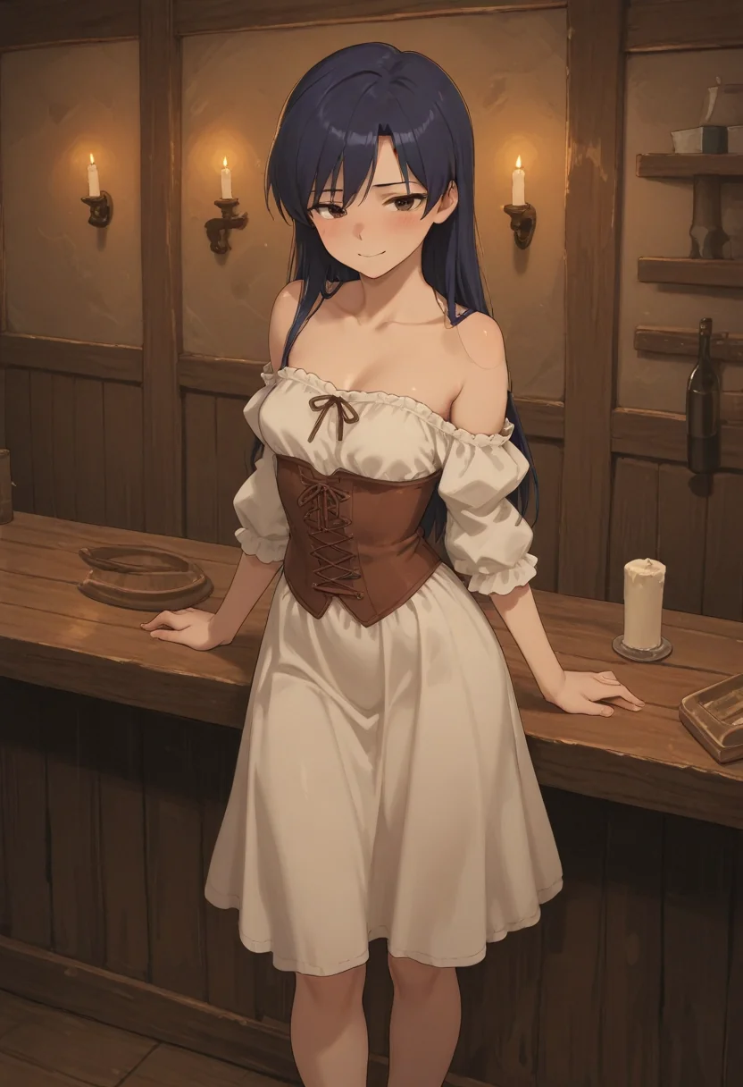 Elena leaning against the bar of a candlelit medieval tavern in Wayward.