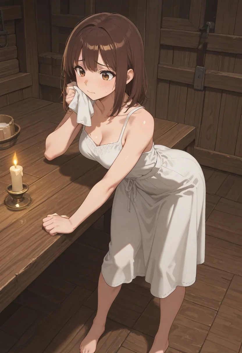 A tavernkeeper’s wife wiping down a table by candlelight after the last patron has gone.