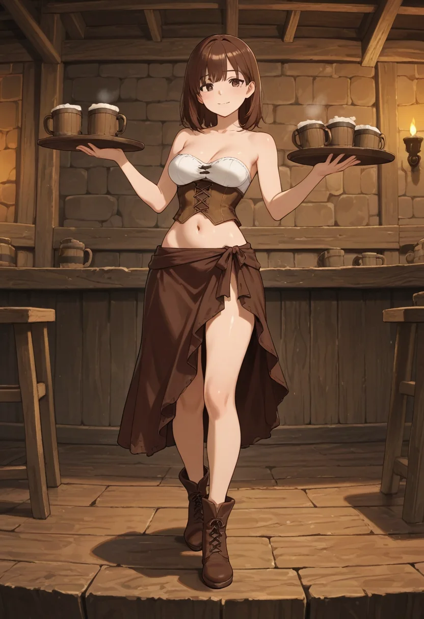 A tavernkeeper’s wife in a wench bodice working the floor with two trays of ale.