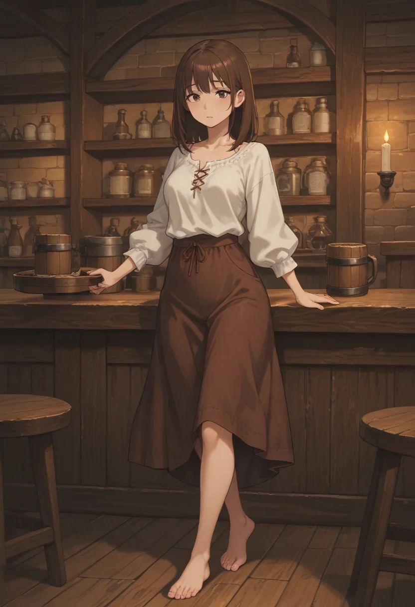 A tavernkeeper’s wife at the bar with a tray and tankards, the shelves stocked behind her.