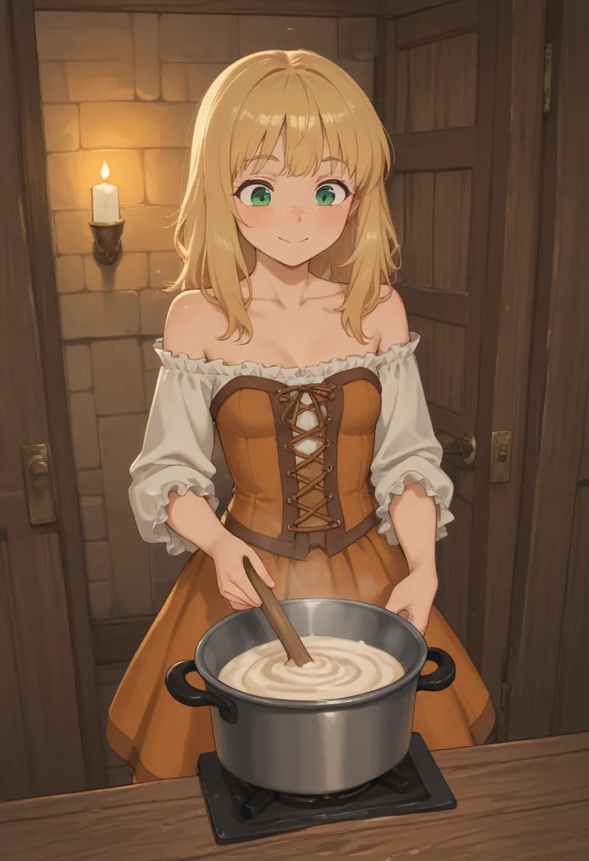 A tavernkeeper’s wife in a laced amber dress stirring a pot in the back room kitchen.